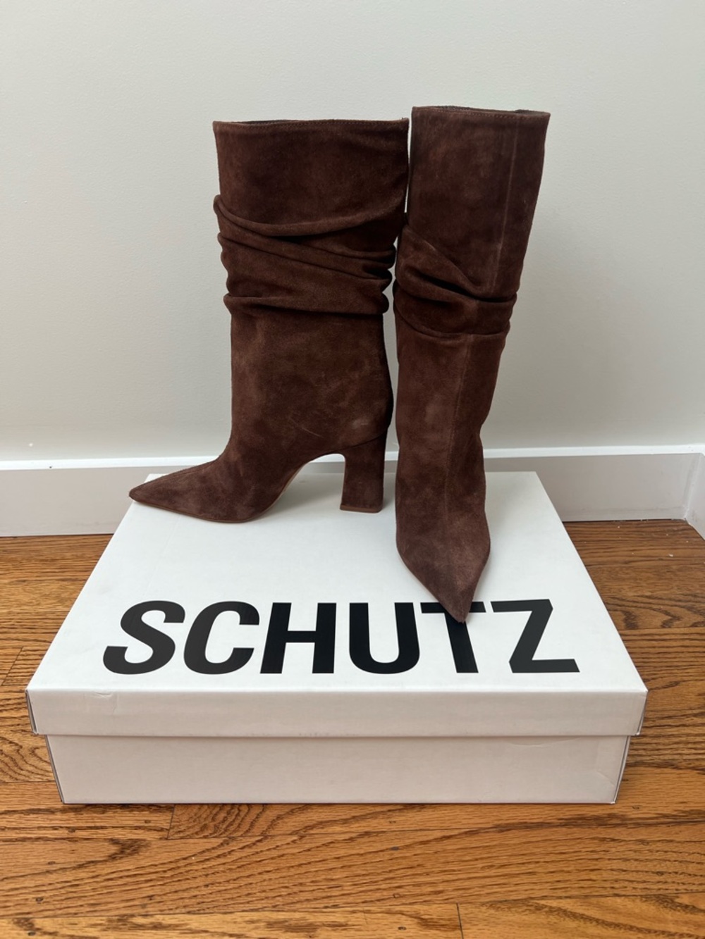 SCHUTZ Dark Brown Suede Pointed Toe Slouch Boots
